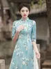 Ropa étnica FZSLCYIYI Otoño Floral Impreso Satin Cheongsam Clásico Siete Puntos Manga Mujeres Aodai Qipao Chino Femme Vestido