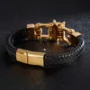 12 mm breiter goldfarbener Wolfskopf-Armband aus Edelstahl 316L, Geschenk, schwarzes Lenther-Armband, Geschenk 8 26 291Y