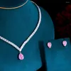 Necklace Earrings Set BeaQueen Square Cubic Zircon Round Tennis Pink Water Droplet Crystal Earring For Women Silver Color Party Jewelry