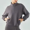 AL Yoga Sweatshirts Mock Neck 1/2 Zip Cropped Jacket Women Laidback Streetwear Air Layer Sports Coat Drawstring Hem Jogger Jackets Fitness Long Sleeve SweatTops