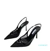 Super Designer Luxury Shoes Women Sandalheel Brushed Leather Slingback Pumps Triangle Sandaler Spetsade tå äkta läder och nät med låda