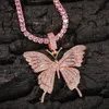 Iced Out Pink Butterflys Anhänger Halskette mit 24 Zoll Tennis Halsketten Zirkonia Jewelry188M