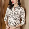 Vintage Casual Printed Button Up Shirts Women Designer Long Sleeve Fine Elegant Graphic Blouses Autumn Winter Chic Satin Lapel Shirts 2023 Office Ladies Simple Tops