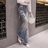 Jeans da donna pantaloni micro svasati a vita alta primavera e autunno industria pesante slim fit gamba larga ricamata leggera Z66