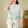 Женские блузки с принтом, хлопковые льняные рубашки в китайском стиле, свободные модные женские рубашки с короткими рукавами, летние топы с круглым вырезом