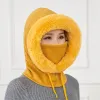 Chapeau d'hiver épais pour femmes et filles, masque facial à capuche, bonnet chauffant en peluche, chapeau noir tricoté en cachemire, écharpe de cou