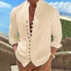 Herren-Freizeithemden, Retro-Männer, lockere Langarm-Bluse mit Knopf-Design, einfarbig, Stehkragen, Strand- oder Straßenkleidung