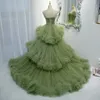 Green Prom Dresses Real Pictures High Waist Evening Dresses Layers Tulle Party Evening Gowns