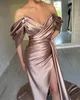 Elegant Coffee Satin Prom Dresses Off Shoulder Evening Dress Pleats Split Formal Long Special Occasion Party dress