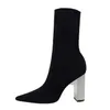 Kvinnliga fetisch stretch sock stövlar metallblock höga klackar 9,5 cm korta ankelstövlar chunky stripper skor zapatos mujer 230922