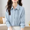 여자 블라우스 패션 패션 주름 여자 긴 슬리브 버튼 업 파란색 간단한 여자 셔츠는 칼라 사무실 레이디 탑의 옷 29321