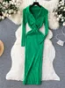 Casual Dresses SINGREINY Slim Knit Maxi Dress Women Autumn Solid V Neck Long Sleeve Elegant Drawstring Lady Winter Sweater