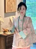 Kvinnors jackor rockar o-hals broderi kontrastplatta knapp långärmad kappa kinesisk stil högklassig retro damkläder