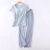Pijamas femininos verão listrado modal algodão almofada de peito casa roupas de manga curta calças pijamas conjunto solto tamanho grande esportes wear e64