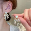 Pendientes colgantes MENGJIQIAO moda delicada circón perla Bowknot gota para Mujer chica dulce ópalo corazón Aretes De Mujer Modernos 2023