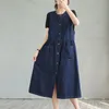 Casual klänningar ärmlös denimtank för kvinnor sommar retro rund hals singelbröst långa a-line jeans fickor vestidos 2023