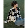 Women's Sweaters Black And White Checkerboard V-neck Pullover POLO Shirt Diamond Loose Knitted Sweater Warm 2023