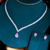 Halskette Ohrringe Set BeaQueen Quadratischer Kubikzircon Runder Tennis Rosa Wassertropfen Kristall Ohrring Für Frauen Silber Farbe Party Schmuck