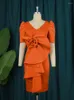 Plus Size Dresses Elegant Women Pleated Dress 4XL Ladies Birthday Party With Bow Pluff Sleeve Female Orange Prom Vestido