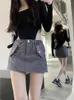 スカートY2Kハラジュクカーゴミニ女性韓国ファッションソリッドハイウエストドローストリングスリムAラインスカートストリートウェアレトロ分割
