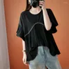 Blusas femininas camisas femininas babados rendas retalhos preto branco oversized verão na moda o pescoço manga curta simples casual