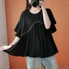 Blusas femininas camisas femininas babados rendas retalhos preto branco oversized verão na moda o pescoço manga curta simples casual