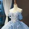 2023 Niebieskie koronkowe sukienki ślubne Eleganckie z koraliki na ramię ślubne suknie ślubne zamiatanie pociąg długi pociąg 3d kwiaty niebo niebieskie tiulowe sukienki panny młodej bohemian śr.