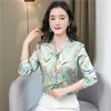 Beige Ribbon Bow Tie Neck Bluses Retro Floral Women Designer Lantern Sleeve Button Up Shirt 2023 Autumn Winter Winter Office Ladies Silk Satin Lapel Shirts Runway Tops