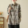 Vrouwen Blouses Vintage Shirts Zomer 2023 Plaid Losse Polo-hals Dames Kleding Lange Mouw Katoen Linnen Tops YCMYUNYAN