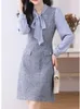 Basis Casual jurken Nieuwe herfst Vintage Chiffon Tweed Kneed Patchwork Dress Dames Lint Bow Lange Mouw Elegante wollen jurken Vestidos 2024