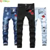 Мужские джинсы с вышивкой «Красная роза» Мужские черные синие эластичные брюки для мужчин Белые модные брюки с украшением в виде дырок Мужские брюки 28-42L231003