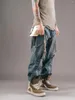 Herren Jeans Waste Soil Fan Dreidimensionales Profil Multi-Pocket Verstellbare lockere ausgewaschene Hose mit weitem Bein Baggy