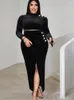 Plus Size Dresses Velvet Dress For Women Black Shiny High Waist Robes Long Sleeve Navel Glitter Pleated Sexy Slit Evening Party Vestido