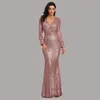 Casual Dresses Women V Neck Sequined Mermaid Prom Evening Gowns Formal Bridesmaid Dress Rose Gold Split Sleeve Long Wedding Guest Vestidos