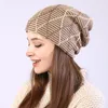 Beralar Çok sayıda-Co Kış Örme Yetişkin Şapkalar Kadınlar için Kapaklar Artı Kadife Sıcak Beanie Cap Casual Elastik Ekose Erkek Şapka Bonnet Tut