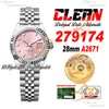 Clean Factory CF 279174 A2671 Relógio Automático Feminino 28 Moldura Canelada Rosa Diamante Dial 904L Jubileesteel Pulseira Super Versão Feminina Puretimewatch 0003