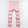 Men's Jeans High Street Ripped Patch Pink Spring Summer Casual Whiskers Straight Denim Trousers For Male