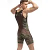 Intimo elasticizzato e modellante da uomo Mesh Intimo traspirante Camouflage Trasparente Bodywear Wrestling Suit Mutandine siamesi Bottoni Body da uomo