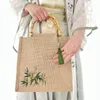 Vintage Women Handbag 2023 New Chinese Style Flower Embroidery Portable Linen Shopper Bag Large Capacity Bamboo Handle Travel Bags