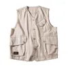 Men's Vests Men Summer Sleeveless Multi-pocket Vintage Casual Wear Cotton Short Safari Style Coat Waistcoat Male