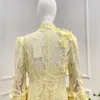 Casual Dresses 2023 Autumn High Quality Solid Light Yellow Hook Flower Hollow Lace Appliques Midi Women