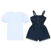 Ensembles de vêtements Summer Girls Casual Set Coton Mode Moyen et Grands garçons Version coréenne Style étranger Denim Strap Pantalon T-shirt