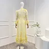 Casual Dresses 2023 Autumn High Quality Solid Light Yellow Hook Flower Hollow Lace Appliques Midi Women