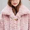 Manteau d'hiver en fourrure pour femmes, veste en peluche rose, vêtements d'extérieur pour dames, bouton en fausse corne Rex, moelleux, 2023