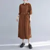 Casual Dresses Retro Loose Side Split Bandage Slim Dress Women Solid Color Single Breasted Long Sleeve Mid Length Shirt Tunic Robe Z2689