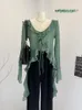 Camicette da donna Moda francese Verde Camicie casual Scollo a V Beach Lace Up 2023 Gyaru Summer Y2k Coquette Flare Sleeve Design Tendenza anni '90