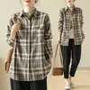 Vrouwen Blouses Vintage Shirts Zomer 2023 Plaid Losse Polo-hals Dames Kleding Lange Mouw Katoen Linnen Tops YCMYUNYAN