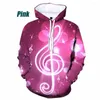 Herenhoodies Lente en herfst Muzieknoot 3D-bedrukte hoodie Dames Street Casual Cool Fashion Pullover Loose