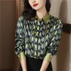 Luxury Vintage Silk Satin Printed Shirts Autumn Winter Chic Women Designer Long Sleeve Lapel New in Blouses Green Button Up Shirt 2023 Office Ladies Plus Size Tops