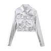 Women's Tracksuits Silver Metallic Jeans Pants Sets Straight 2023 Autumn High Waist Trousers Crop Jackets Short Coat Y2k Korean Fashion